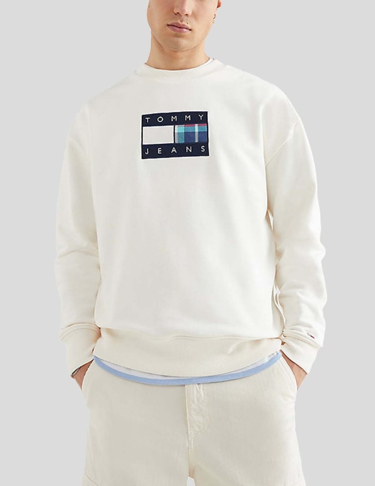 Felpa TOMMY JEANS bandiera tartan regolare equipaggio bianco